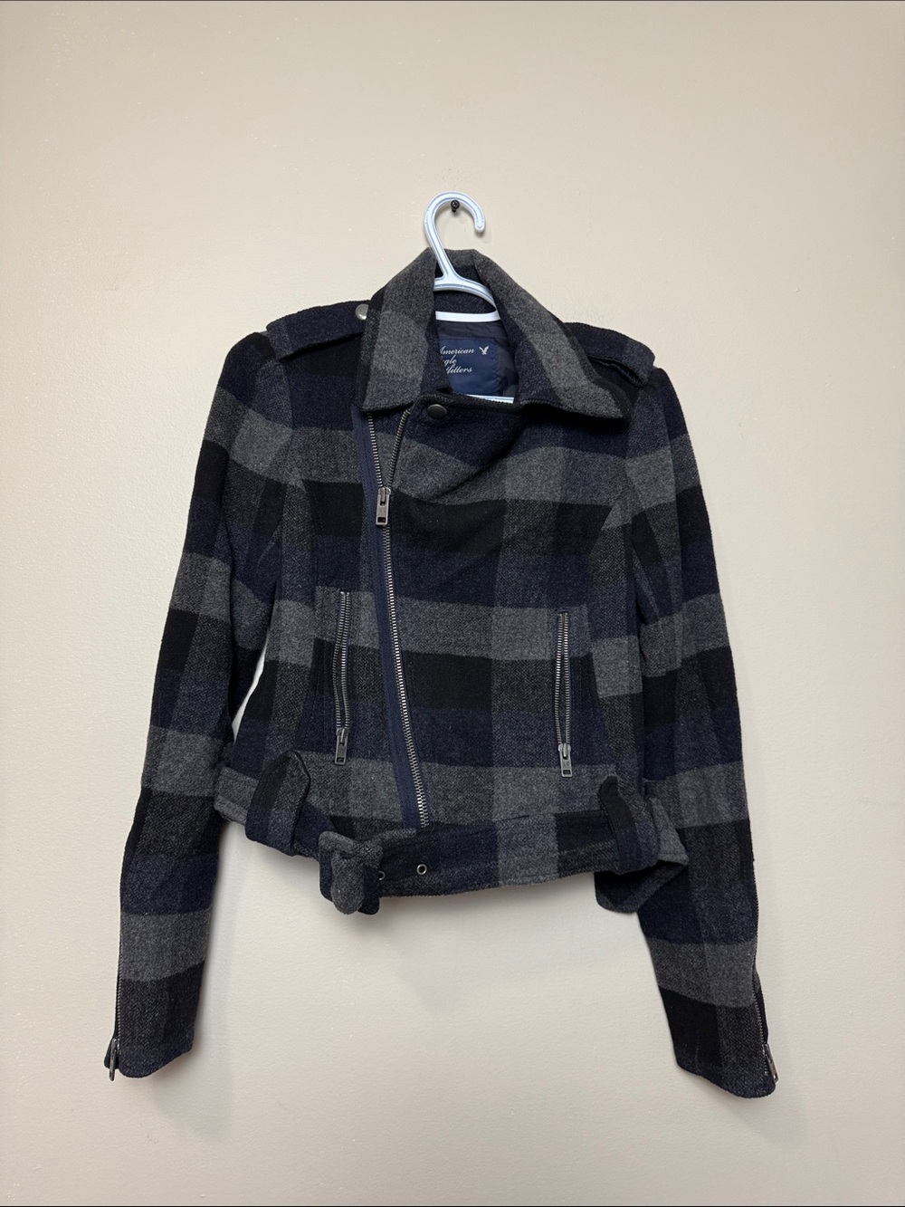 Aeo y2k Women’s Plaid Wool blend Blend Asymmetric Zip Jacket - Navy Gray size S